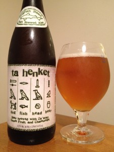 A 750-milliliter bottle of Dogfish Head Ta Henket. (Staff photo / Alan Shaw)
