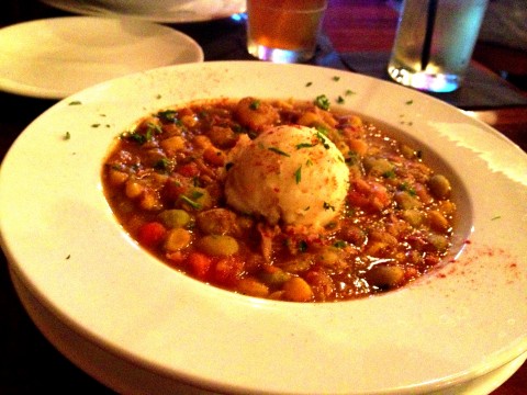 The hearty Brunswick stew before Mr. Date and I demolished it. There was some contention over who got the bigger half of the mashed potato scoop.