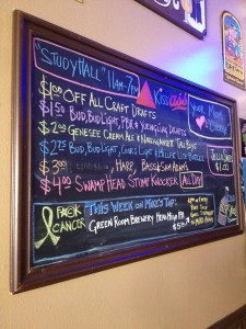 Happy hour is from 11 to 7 p.m. daily, with $1 off all craft drafts; $1.50 Bud, Bud Light, Pabst Blue Ribbon and Yuengling drafts; $2 Genesee Cream Ale and Narragansett Tall Boys; $3 Harp, Bass and Sam Adams; and $4 Swamp Head Stumpknocker Pale Ale.
