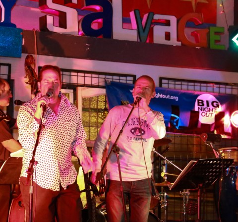 Circus City owner Greg Pemberton (L) duets with Big Night Out singer Frank Alvarez. Photo by Kathryn Brass.