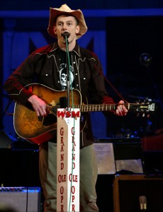 Hank Williams III pays tribute to his grandfather Hank Williams Sr. during an event held to commemorate the 50th anniversary of Hank Sr.'s death, Jan. 4, 2003, at the Grand Ole Opry at the Ryman Auditorium in Nashville, Tenn. (AP Photo/Neil Brake)