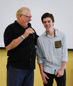 Mayor Wayne Poston and Sam Woolf have a laugh about the key to the city of Bradenton Wednesday, May 7 at welcome home breakfast that was held for "American Idol" finalist at Pirate City. (May 07, 2014) (Herald-Tribune staff photo by Rachel S. O'Hara)
