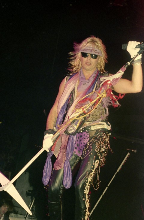 Singer Vince Neil of band Motley Crue, performing at New York's Madison Square Garden, August 14, 1985. (AP Photo/Corey Struller)